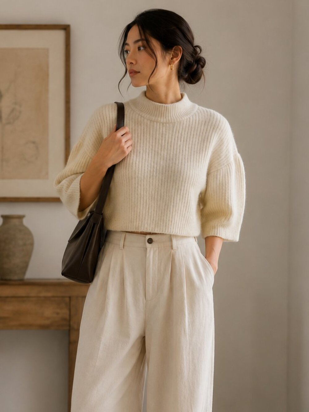 Le Tailor Seoul Women Cropped Sweater Cream Boxy Oversized Mock Neck Scandi